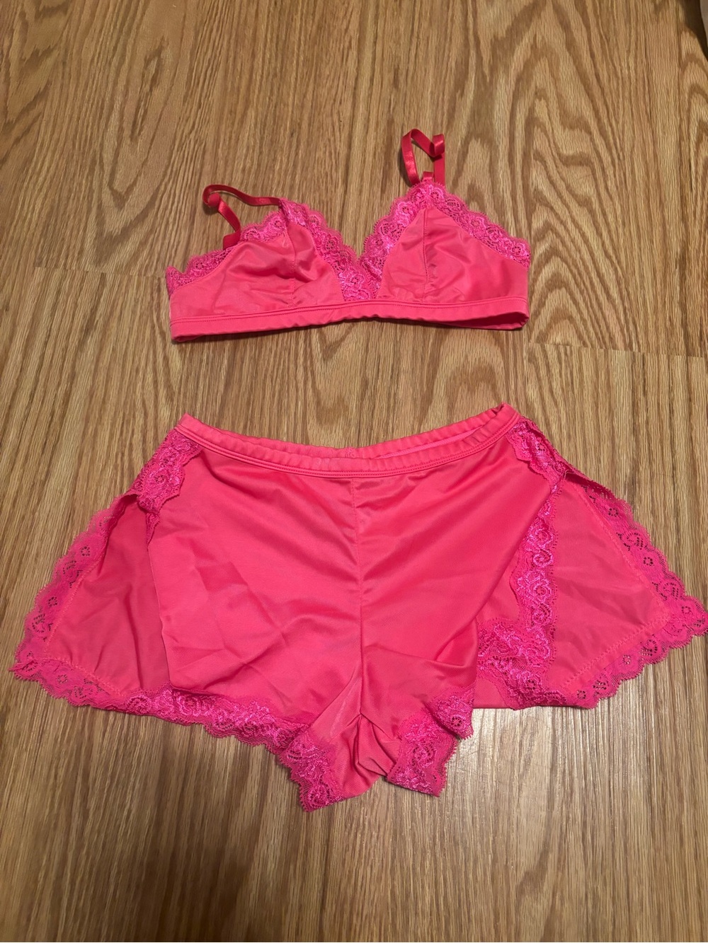 Women’s Pink Lace Trim Bralette and Shorts Set